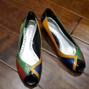 BCBG multi-colored patent wedges